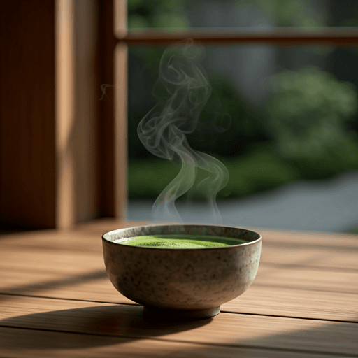 Steam rising from a premium matcha tea bowl in a serene setting